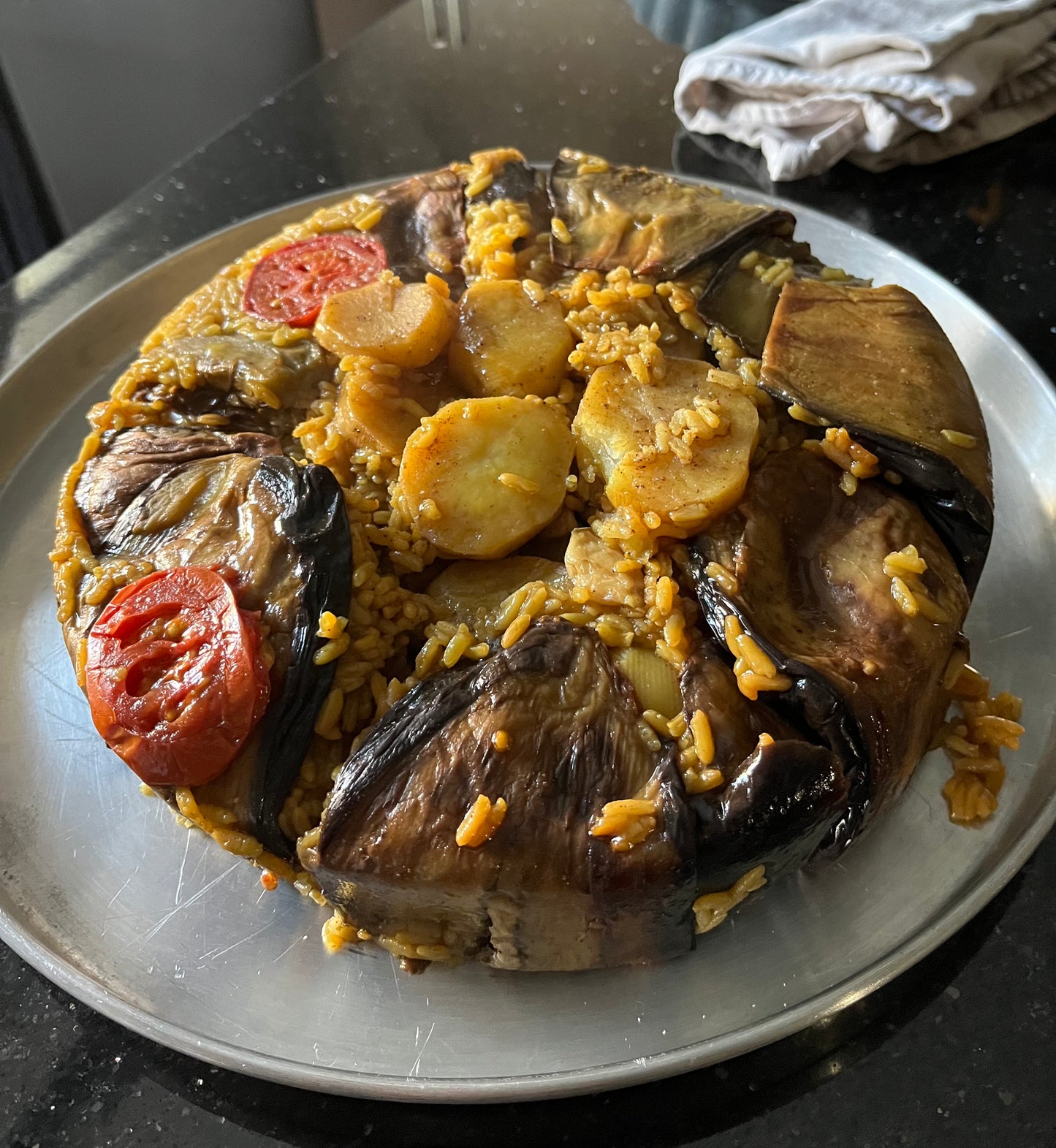 Eggplant Maaloubeh with Meat & Potatoes